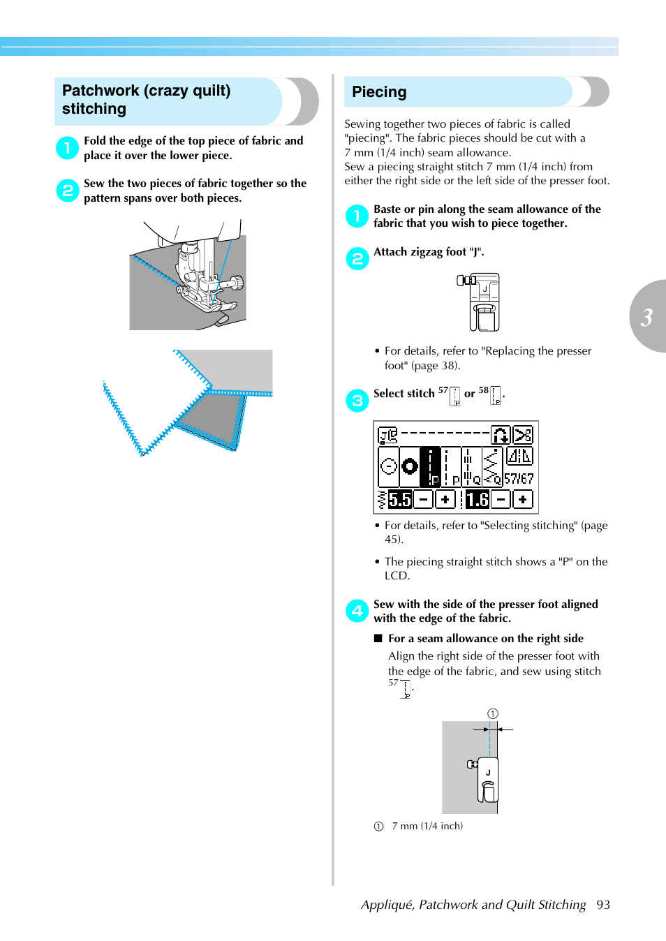 Patchwork (crazy quilt) stitching, Piecing | Brother SE-270D User Manual | Page 99 / 166