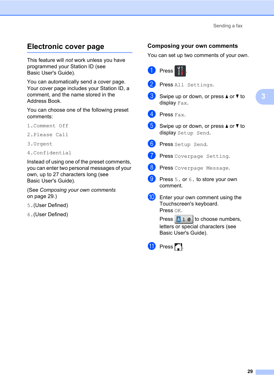 Composing your own comments, 3electronic cover page | Brother MFC-L8600CDW User Manual | Page 35 / 108