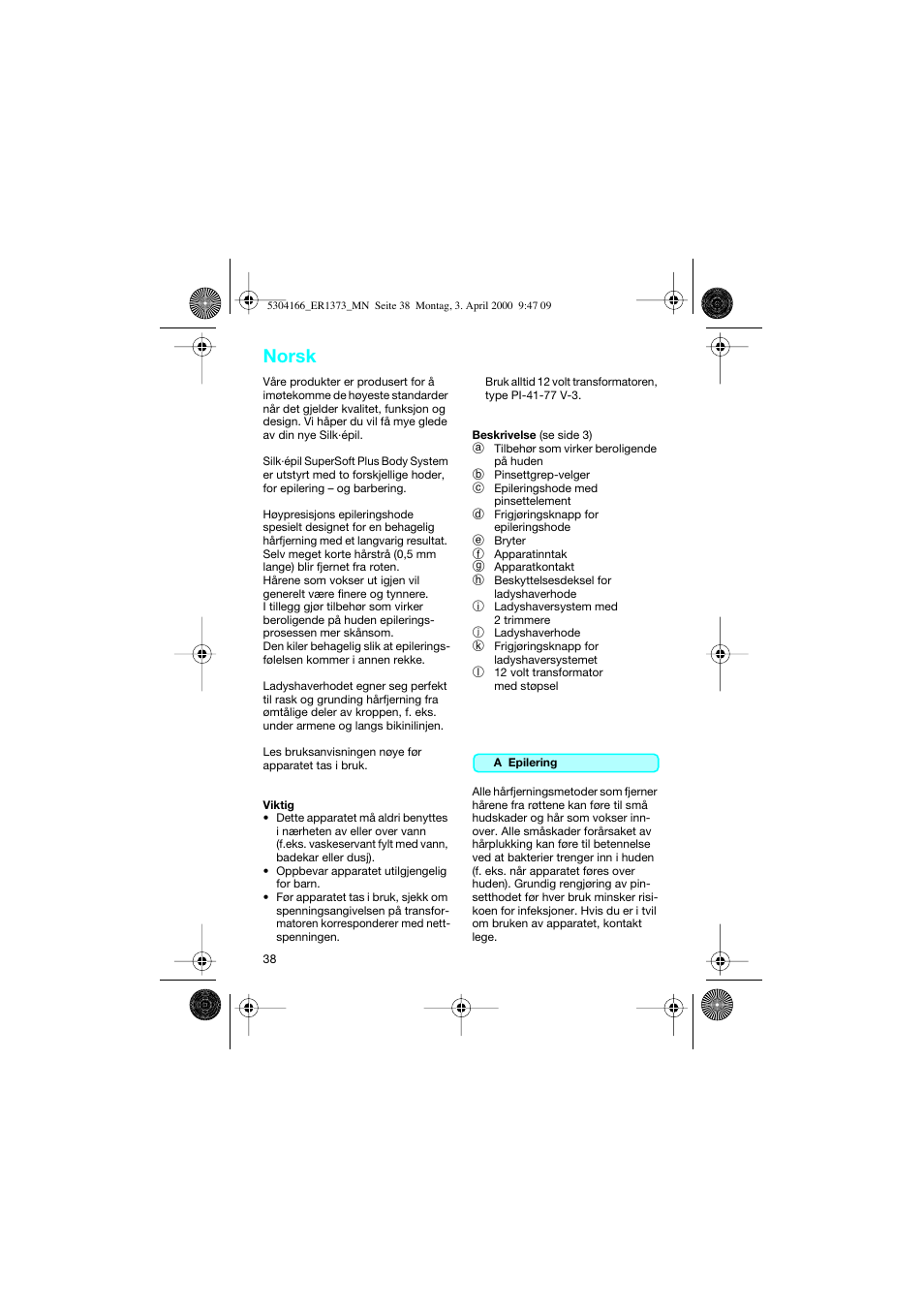 Norsk | Braun ER1373 Silk-épil SuperSoft Plus User Manual | Page 38 / 59