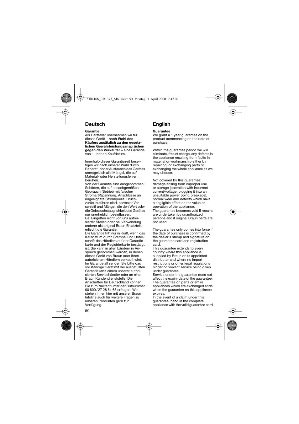 Deutsch, English | Braun ER1373 Silk-épil SuperSoft Plus User Manual | Page 50 / 59