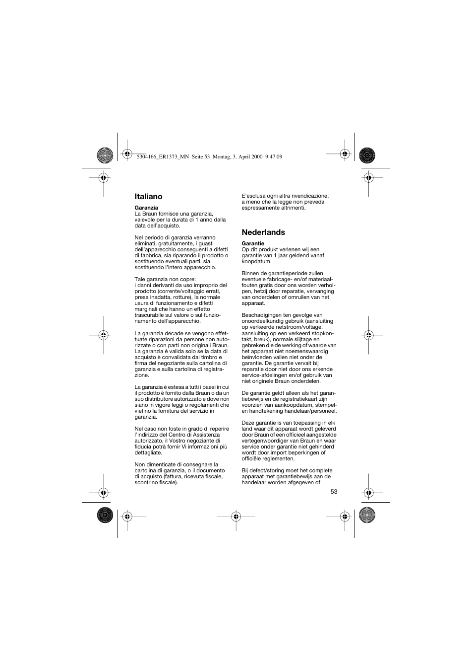 Italiano, Nederlands | Braun ER1373 Silk-épil SuperSoft Plus User Manual | Page 53 / 59