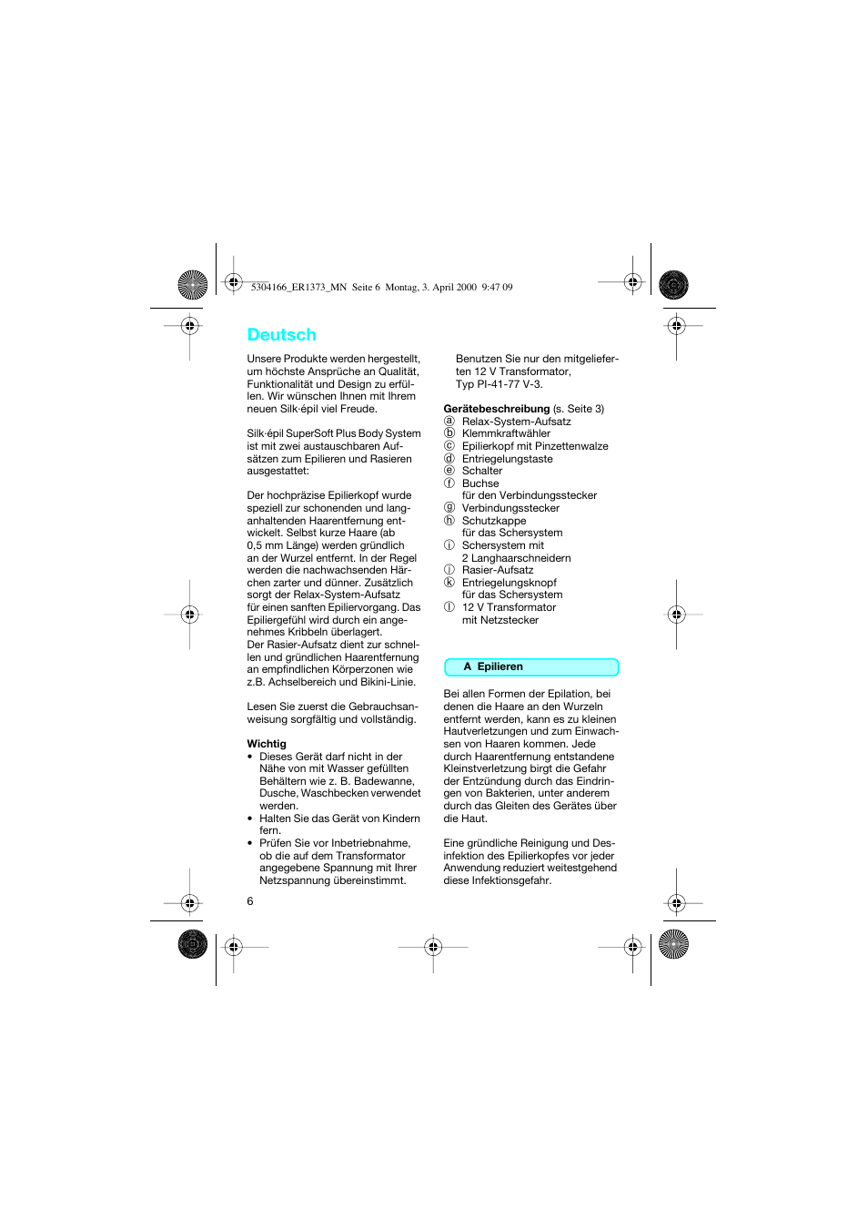 Deutsch | Braun ER1373 Silk-épil SuperSoft Plus User Manual | Page 6 / 59