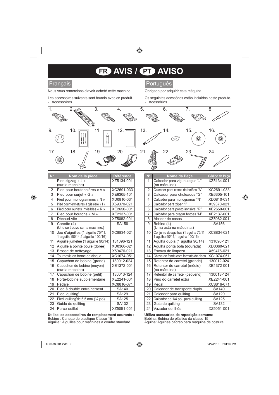 Avis, Aviso, Français | Português | Brother SQ9185 User Manual | Page 2 / 2