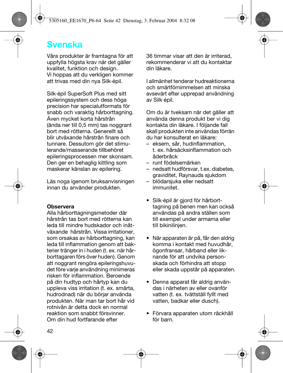 Svenska | Braun EE1660 Silk-épil SuperSoft Plus User Manual | Page 41 / 59