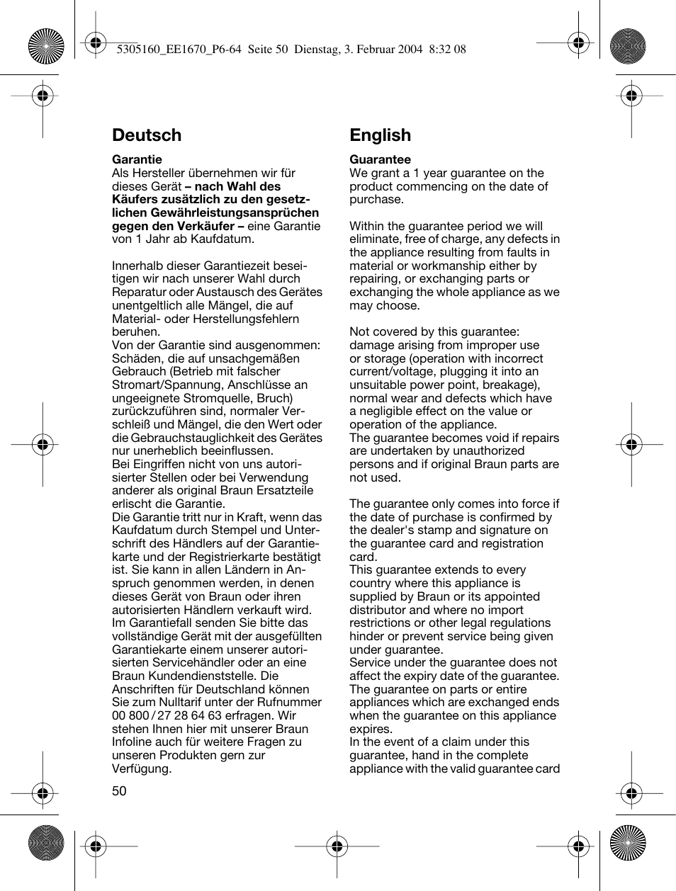 Deutsch, English | Braun EE1660 Silk-épil SuperSoft Plus User Manual | Page 49 / 59