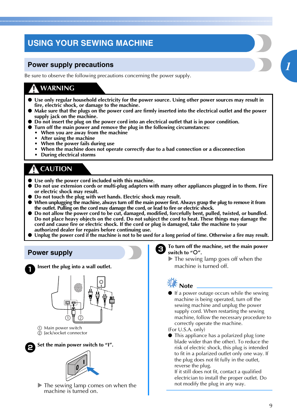 Using your sewing machine, Power supply precautions, Power supply | Warning caution | Brother SB700T User Manual | Page 11 / 72