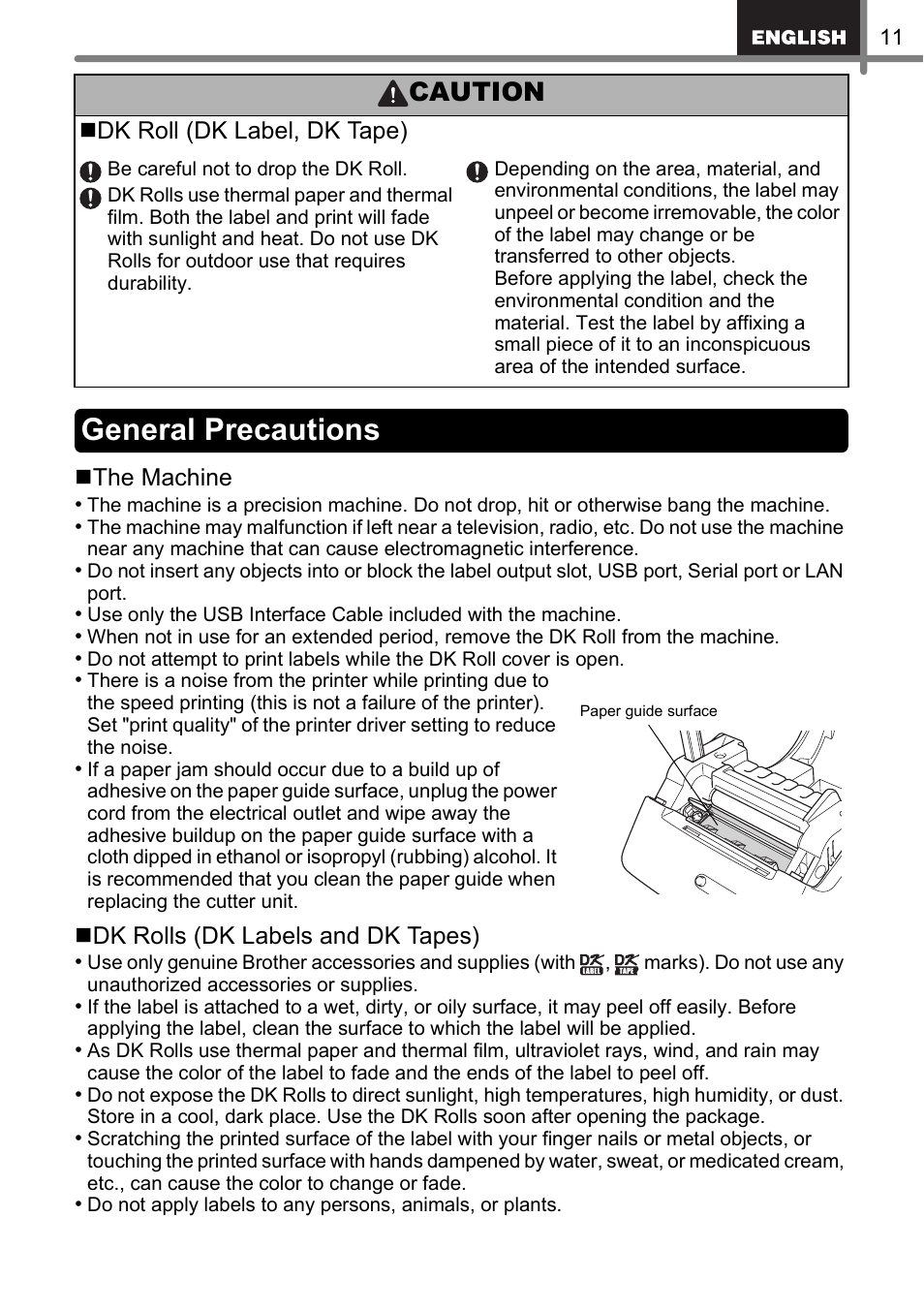 General precautions, Caution | Brother QL-500 User Manual | Page 11 / 62