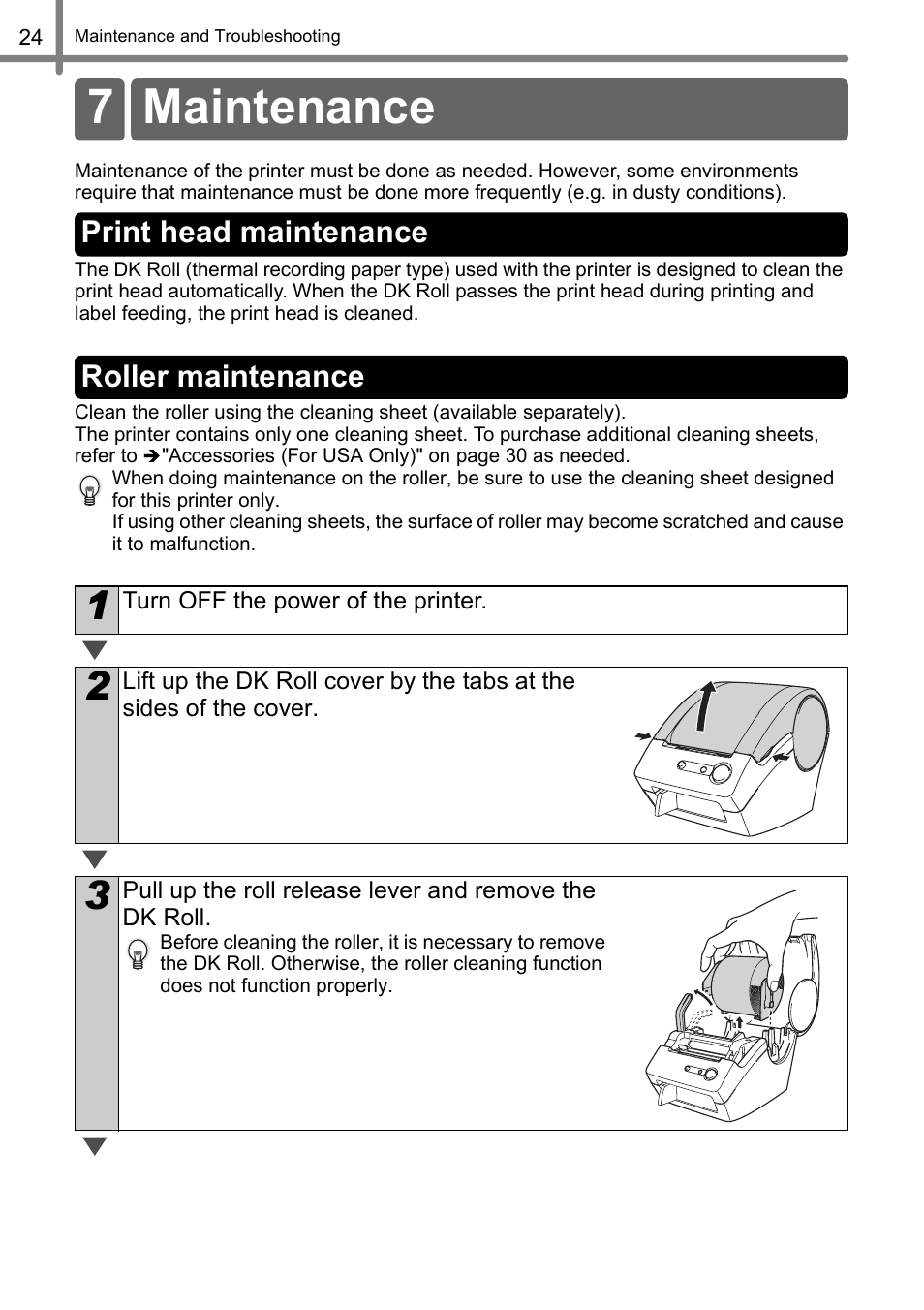 7 maintenance, Print head maintenance, Roller maintenance | Print head maintenance roller maintenance | Brother QL-500 User Manual | Page 24 / 62