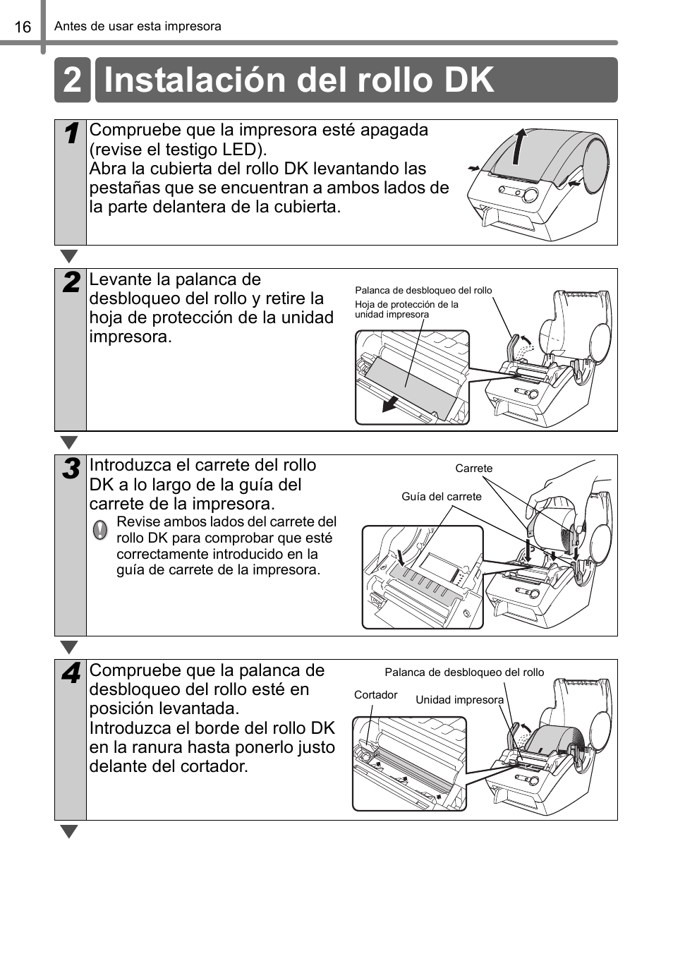 2 instalación del rollo dk | Brother QL-500 User Manual | Page 46 / 62