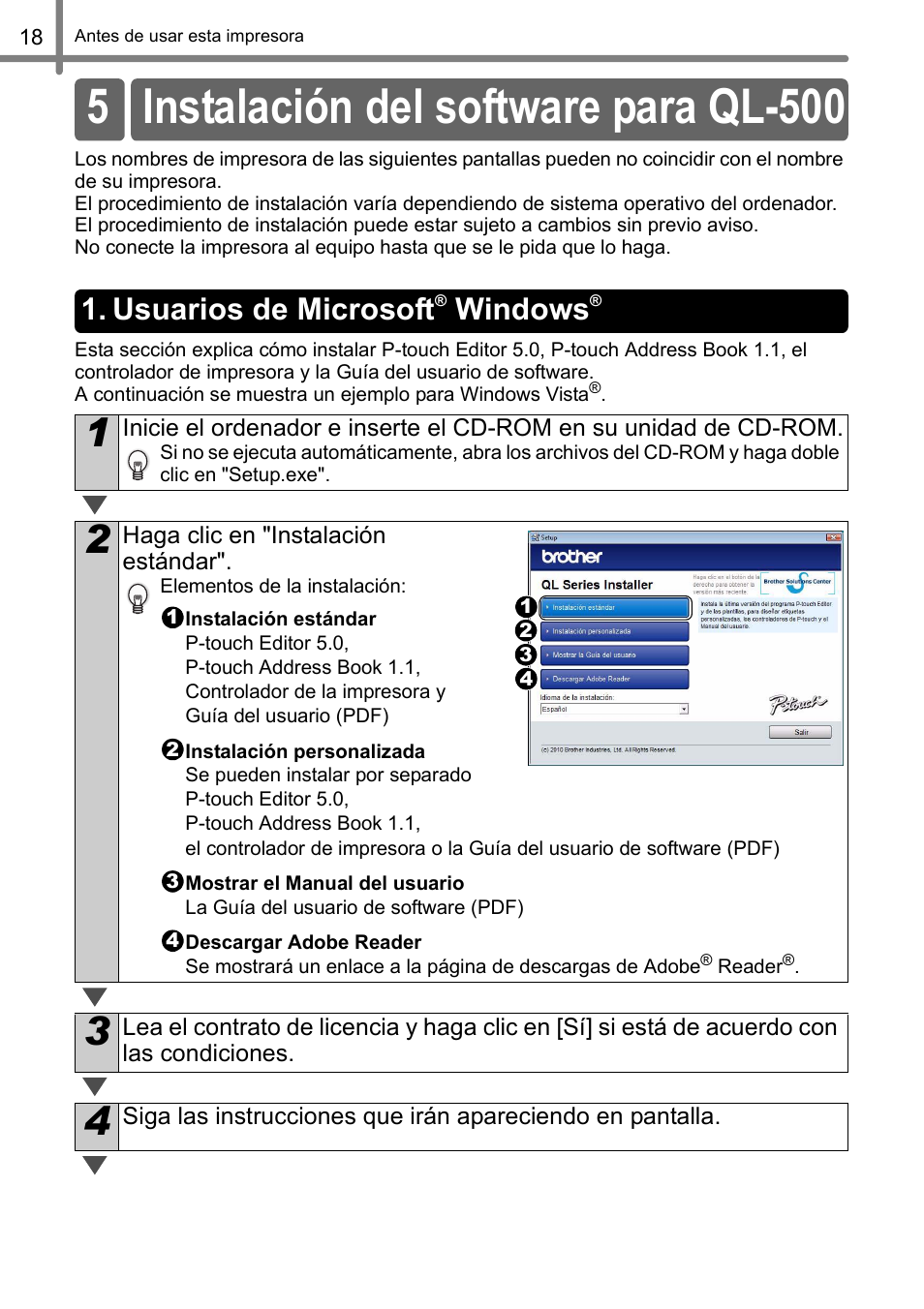5 instalación del software para ql-500, Usuarios de microsoft® windows, Usuarios de microsoft | Windows | Brother QL-500 User Manual | Page 48 / 62