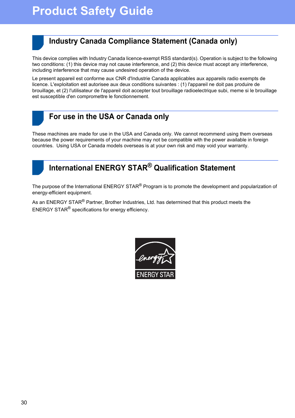 Industry canada compliance statement (canada only), For use in the usa or canada only, International energy star® qualification statement | Product safety guide, International energy star, Qualification statement | Brother ADS-1500W User Manual | Page 30 / 34