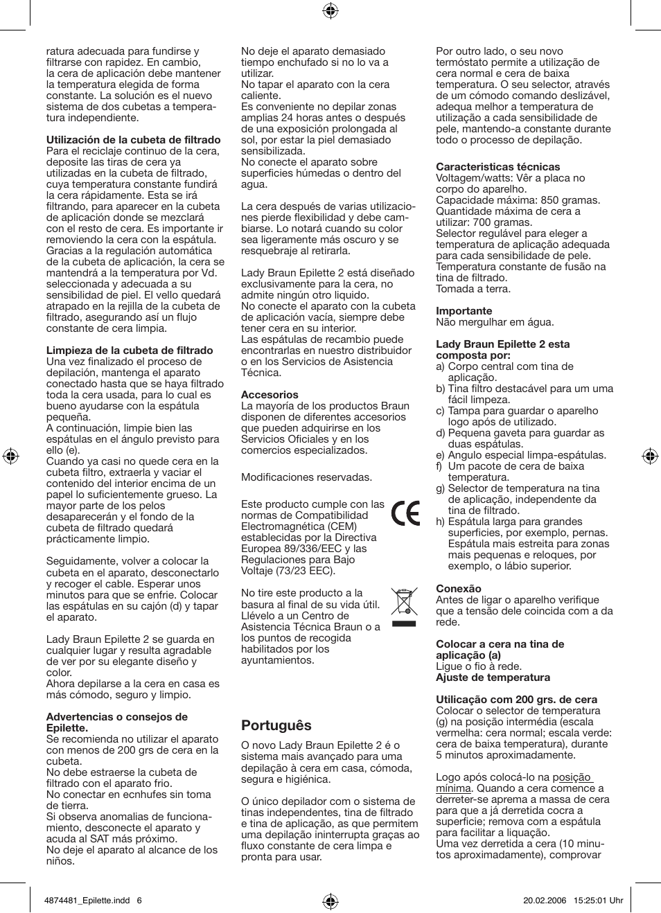 Português | Braun CC20 Lady Braun Epilette 2 User Manual | Page 6 / 13