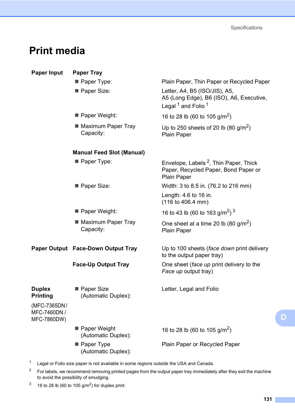 Print media | Brother MFC 7860DW User Manual | Page 147 / 162