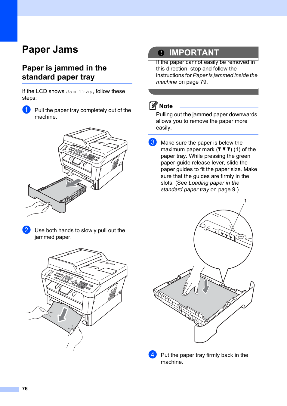 Paper jams, Paper is jammed in the standard paper tray, Important | Brother MFC 7860DW User Manual | Page 92 / 162