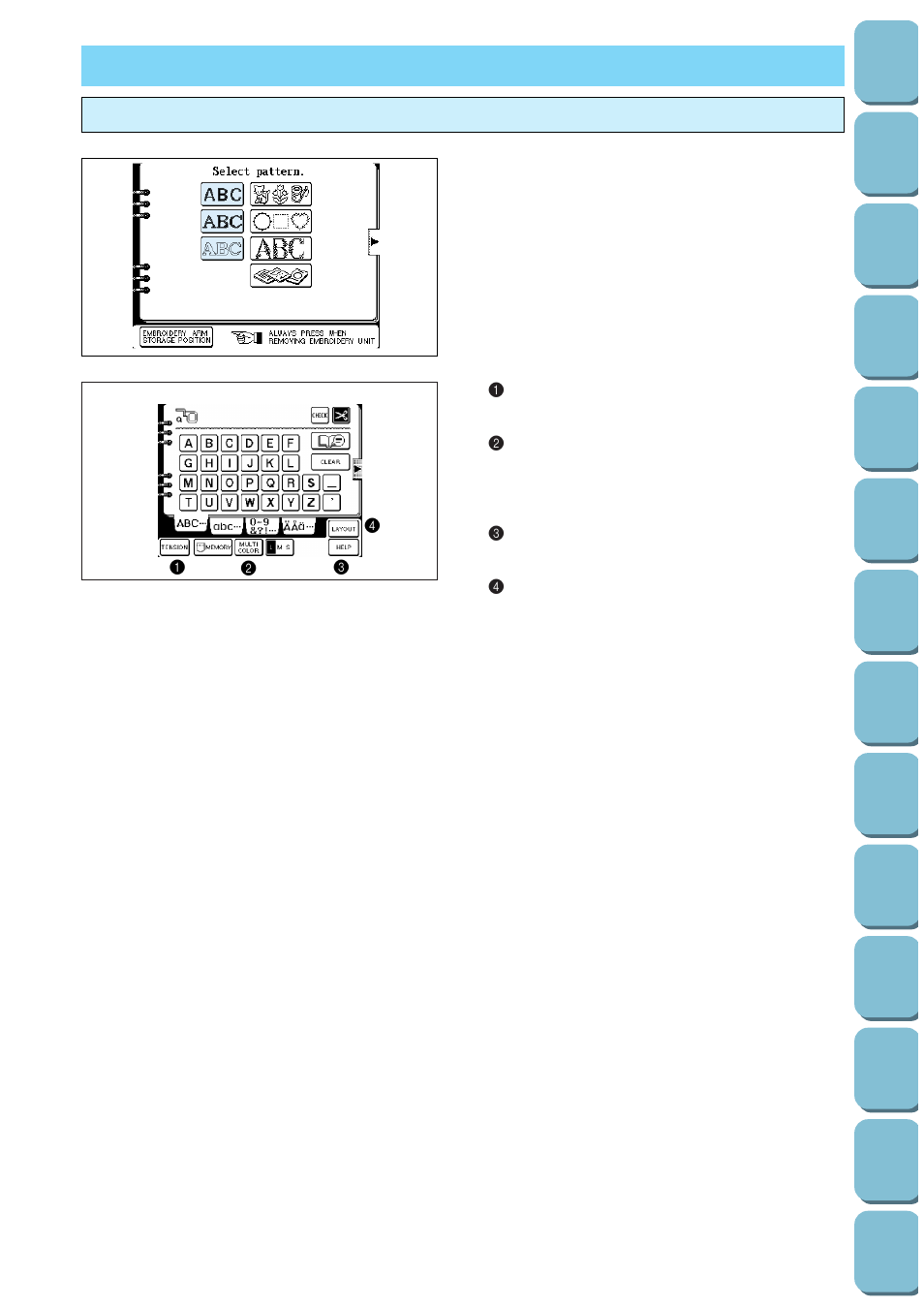 Selecting and sewing patterns, Selecting alphabetical characters, Abc a ab bc c | Brother PC-8500 8500D User Manual | Page 113 / 196