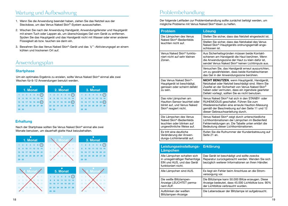 Wartung und aufbewahrung, Anwendungsplan, Startphase | Erhaltung, Problembehandlung, Startphase erhaltung, Wartung und aufbewahrung anwendungsplan, Problem lösung, Leistungseinstellungs­ lämpchen erklärung, Monat 2. monat 3. monat 4. monat 5. monat | Braun Gillette Venus Naked Skin User Manual | Page 11 / 53
