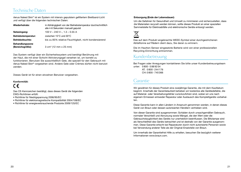 Technische daten, Kundenbetreuung, Garantie | Kundenbetreuung garantie | Braun Gillette Venus Naked Skin User Manual | Page 12 / 53