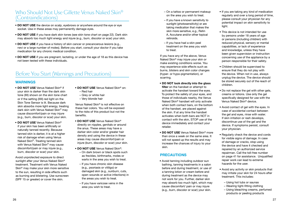 Before you start (warnings and precautions), Warnings, Precautions | Who should not use gillette venus naked skin, Contraindications), Warnings precautions | Braun Gillette Venus Naked Skin User Manual | Page 15 / 53