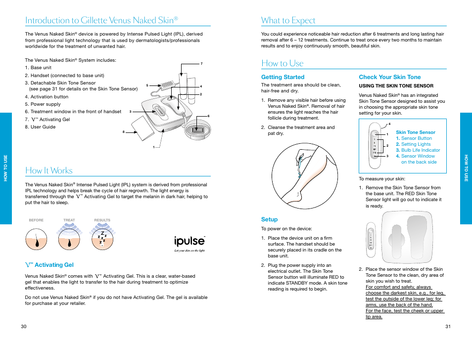 Introduction to gillette venus naked skin, How it works, What to expect | How to use, Getting started, Setup, Check your skin tone, Getting started setup check your skin tone, What to expect how to use, Activating gel | Braun Gillette Venus Naked Skin User Manual | Page 17 / 53