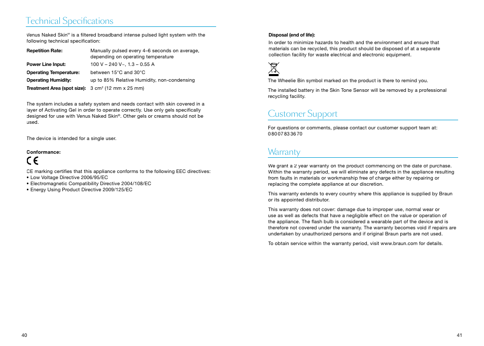 Technical specifications, Customer support, Warranty | Customer support warranty | Braun Gillette Venus Naked Skin User Manual | Page 22 / 53