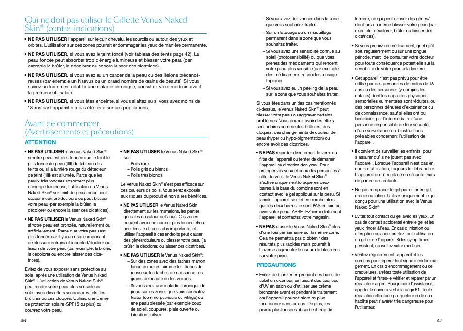 Avant de commencer (avertissements et précautions), Attention, Precautions | Contre­indications), Attention precautions | Braun Gillette Venus Naked Skin User Manual | Page 25 / 53