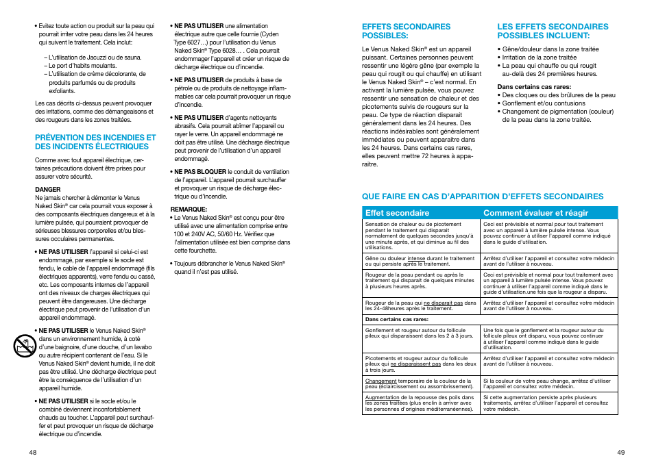 Effets secondaires possibles, Les effets secondaires possibles incluent, Que faire en cas d’apparition d’effets secondaires | Braun Gillette Venus Naked Skin User Manual | Page 26 / 53