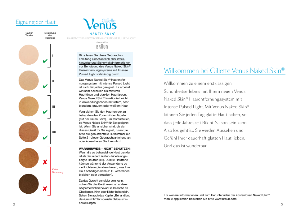 Willkommen bei gillette venus naked skin, Eignung der haut | Braun Gillette Venus Naked Skin User Manual | Page 3 / 53
