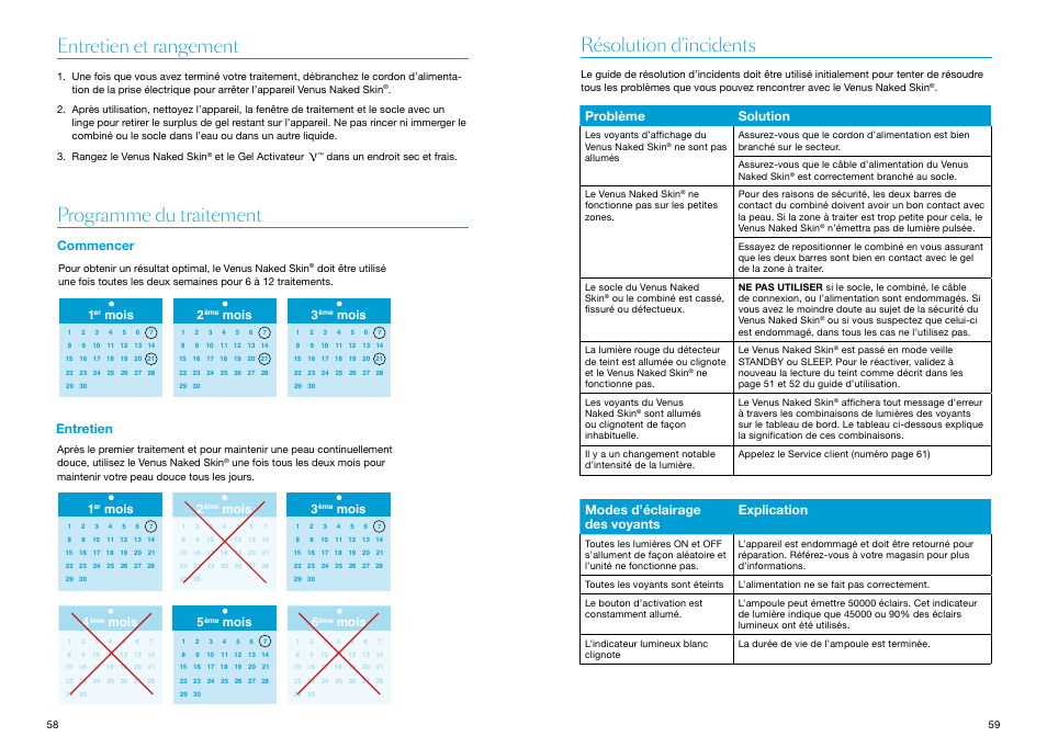 Entretien et rangement, Programme du traitement, Commencer | Entretien, Résolution d’incidents, Commencer entretien, Entretien et rangement programme du traitement, Problème solution, Modes d’éclairage des voyants explication, Mois 2 | Braun Gillette Venus Naked Skin User Manual | Page 31 / 53