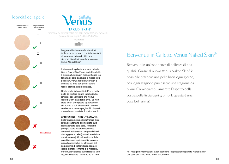 Benvenuti in gillette venus naked skin, Idoneità della pelle | Braun Gillette Venus Naked Skin User Manual | Page 33 / 53