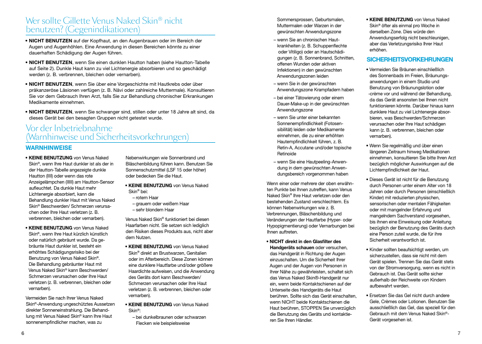 Warnhinweise, Sicherheitsvorkehrungen, Wer sollte gillette venus naked skin | Nicht benutzen? (gegenindikationen), Warnhinweise sicherheitsvorkehrungen | Braun Gillette Venus Naked Skin User Manual | Page 5 / 53