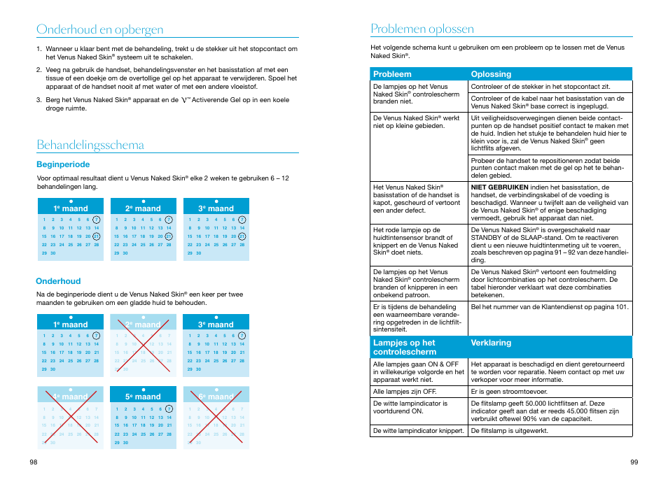 Onderhoud en opbergen, Behandelingsschema, Beginperiode | Onderhoud, Problemen oplossen, Beginperiode onderhoud, Onderhoud en opbergen behandelingsschema, Probleem oplossing, Lampjes op het controlescherm verklaring, Maand 2 | Braun Gillette Venus Naked Skin User Manual | Page 51 / 53