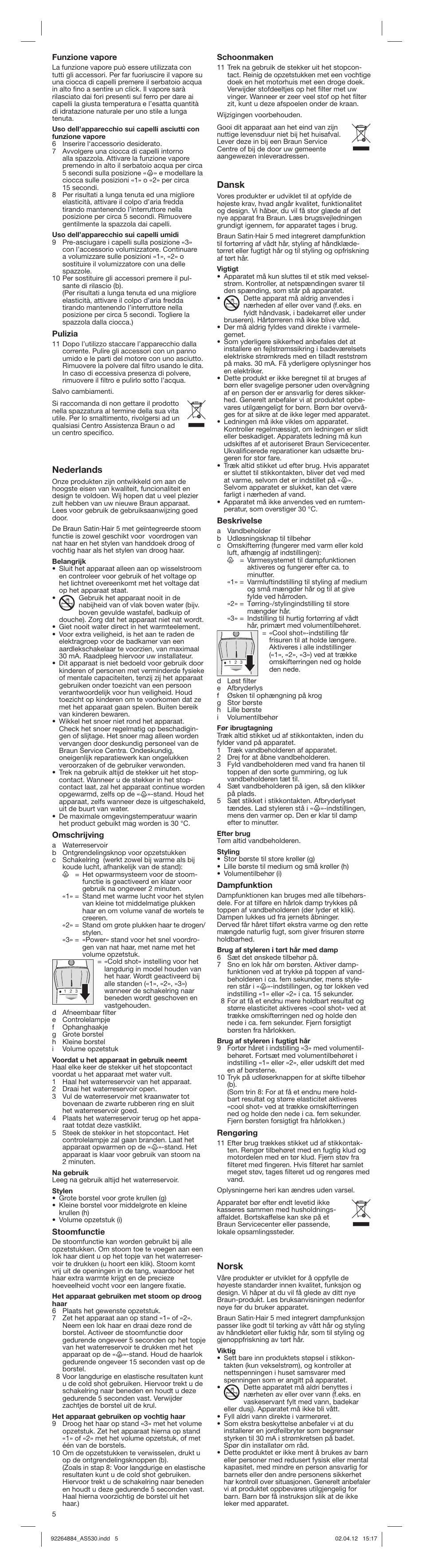 Nederlands, Dansk, Norsk | Braun AS530 Satin Hair 5 User Manual | Page 5 / 15