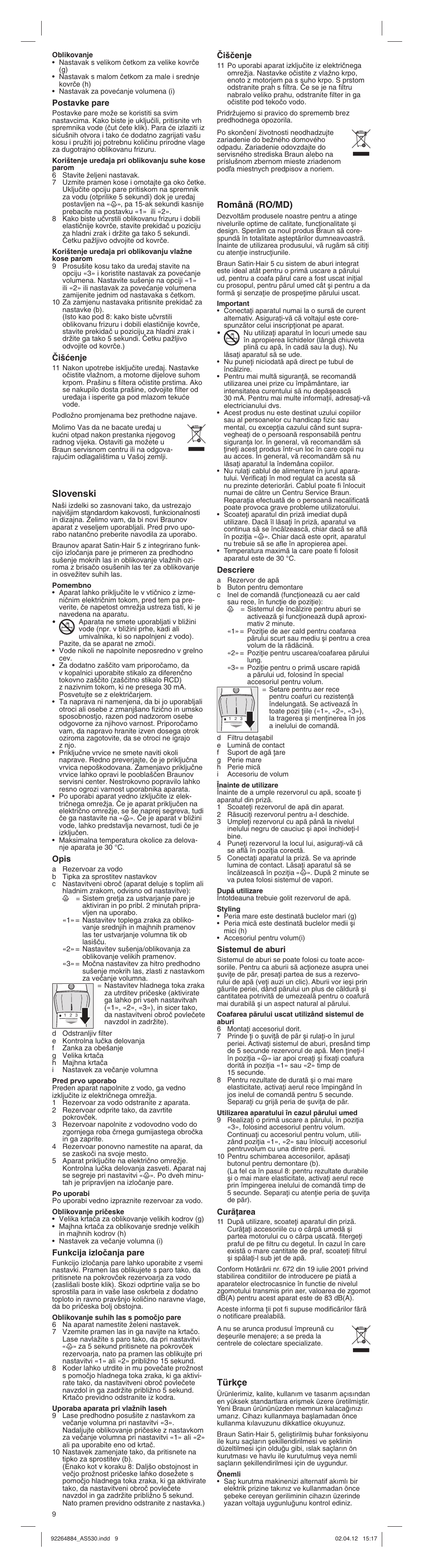 Slovenski, Românå (ro/md), Türkçe | Braun AS530 Satin Hair 5 User Manual | Page 9 / 15
