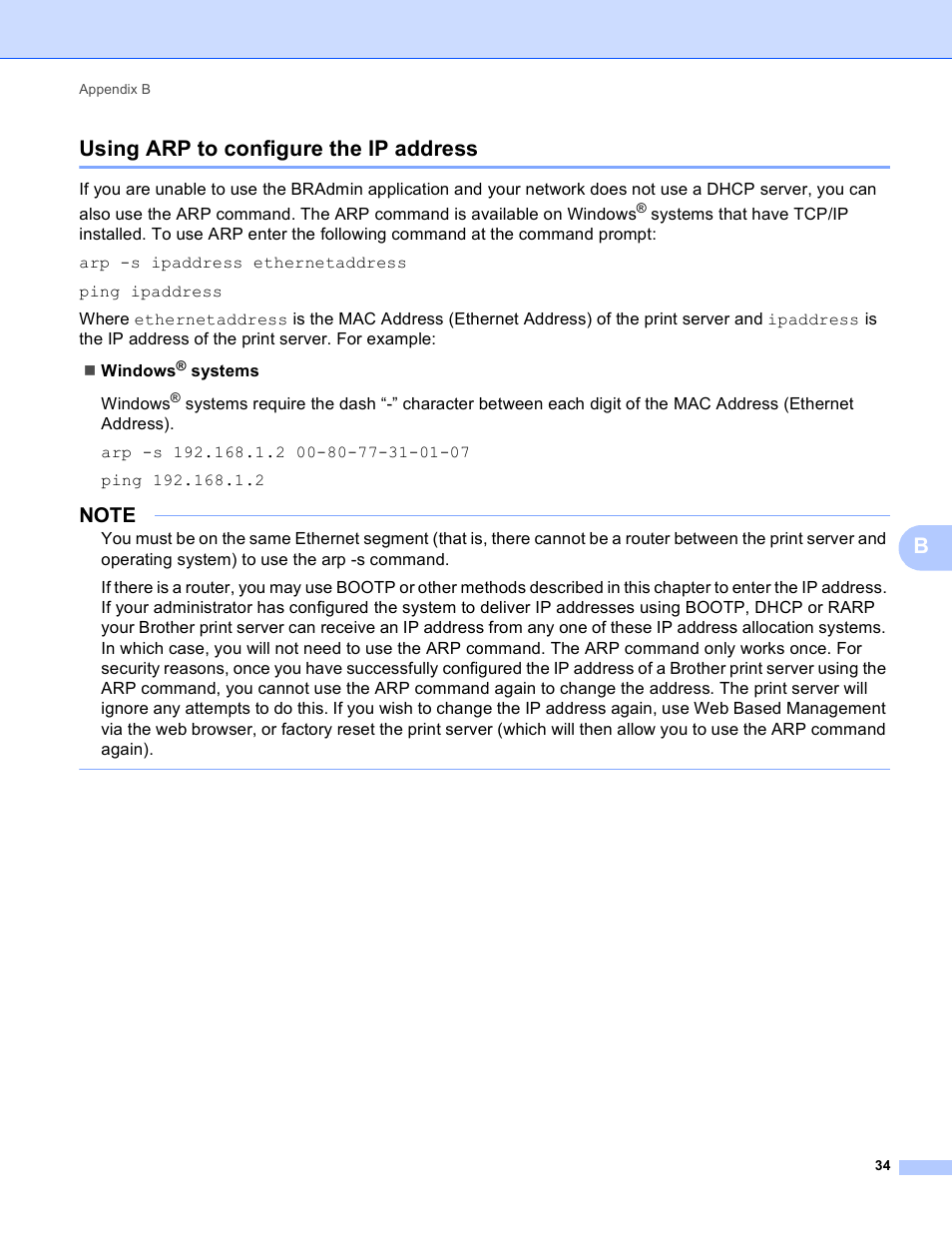 Using arp to configure the ip address, Busing arp to configure the ip address | Brother TD-4100N User Manual | Page 39 / 40