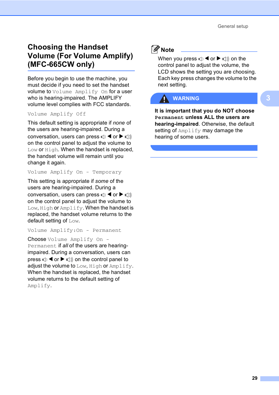 Choosing the handset volume (for volume amplify), Mfc-665cw only) | Brother MFC-665CW User Manual | Page 45 / 217