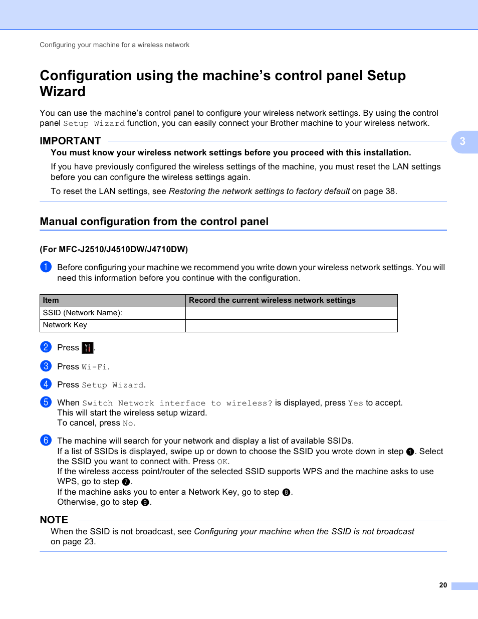 Manual configuration from the control panel, Important | Brother MFC-J4710DW User Manual | Page 26 / 110
