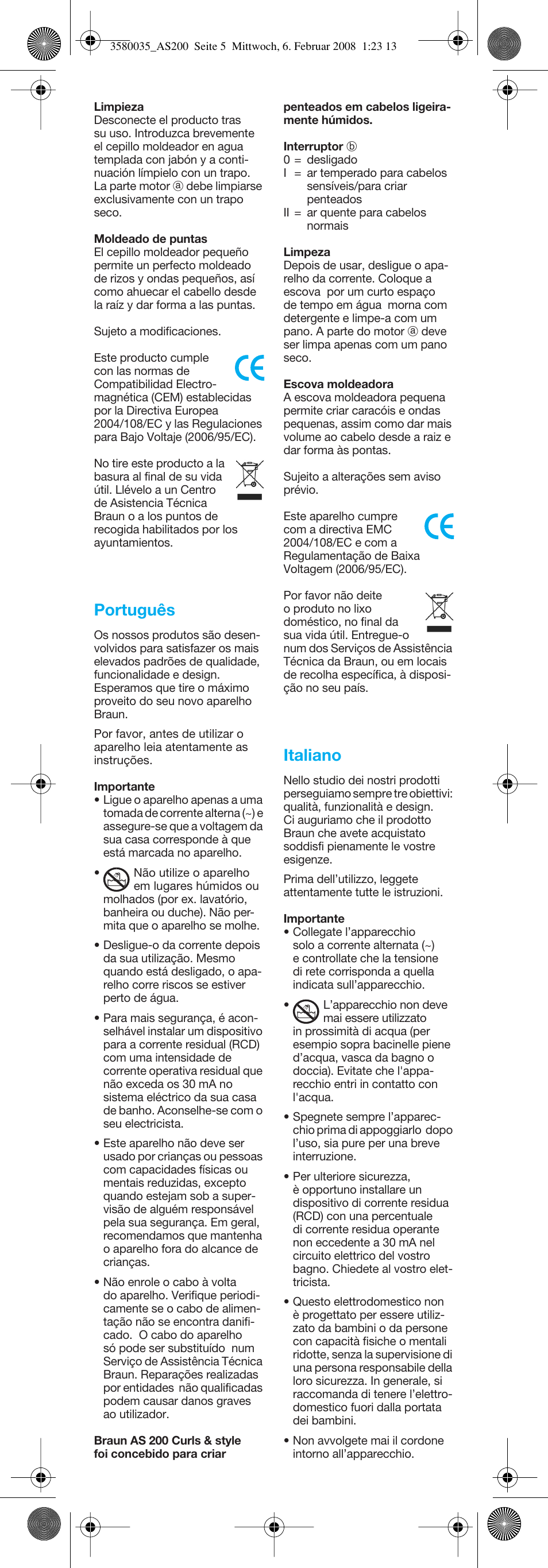 Português, Italiano | Braun AS200 Curls & Style User Manual | Page 5 / 21
