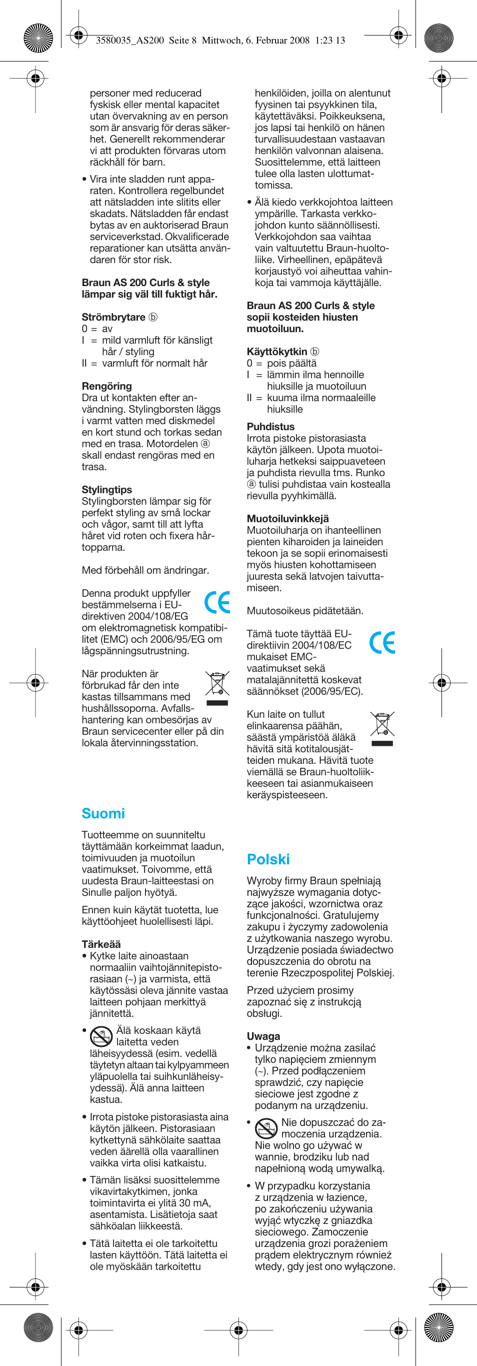 Suomi, Polski | Braun AS200 Curls & Style User Manual | Page 8 / 21