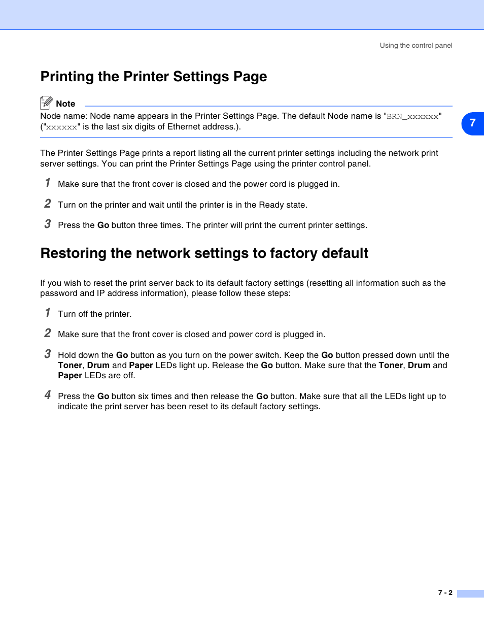 Restoring the network settings to factory default, Printing the printer settings page | Brother HL-2070N User Manual | Page 36 / 55