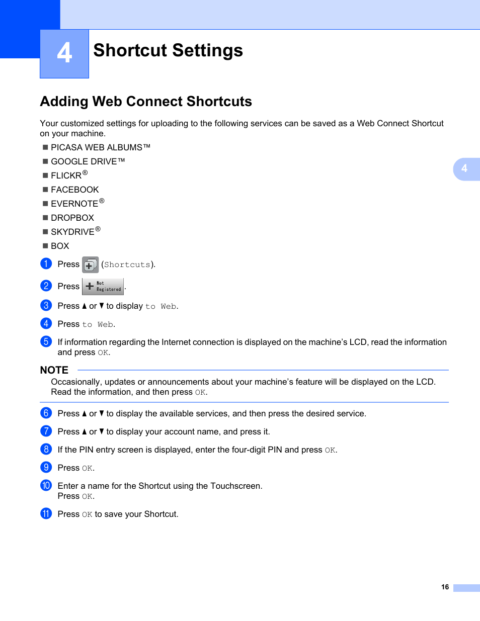 4 shortcut settings, Adding web connect shortcuts, Shortcut settings | Brother ADS-1500W User Manual | Page 19 / 23