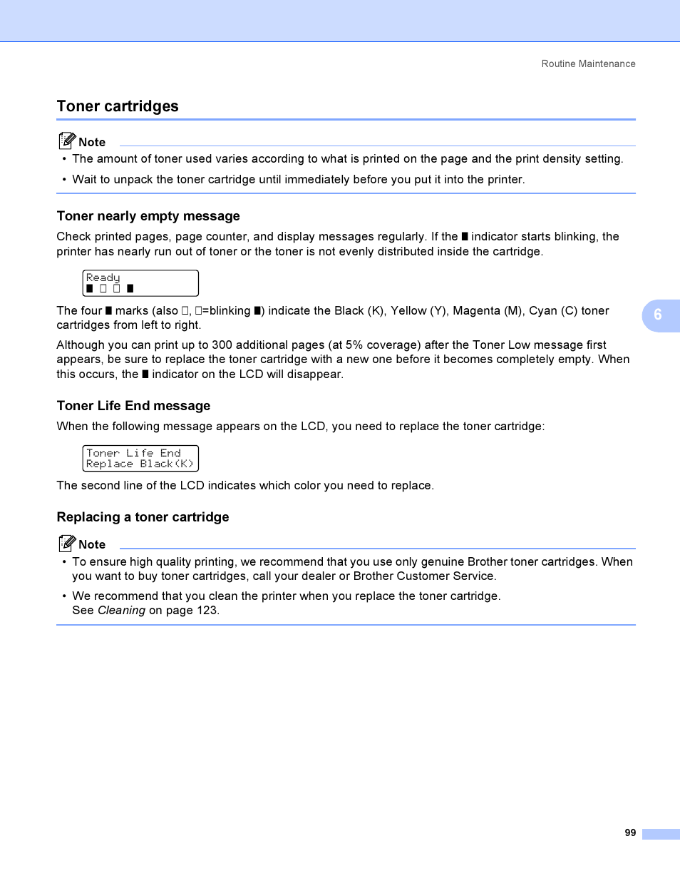Toner cartridges, Toner nearly empty message, Toner life end message | Replacing a toner cartridge, 6toner cartridges | Brother HL-4040CDN User Manual | Page 108 / 211