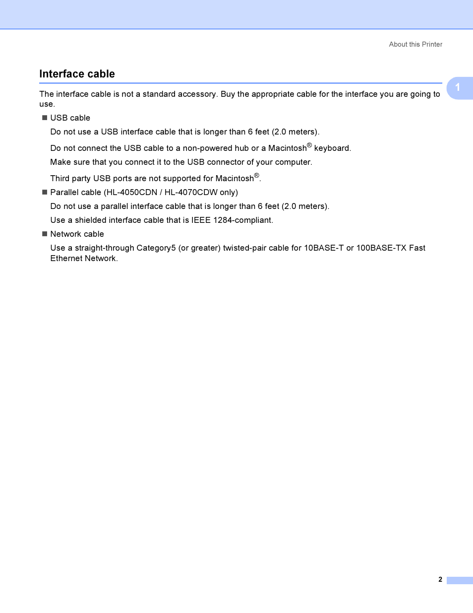 Interface cable, 1interface cable | Brother HL-4040CDN User Manual | Page 11 / 211