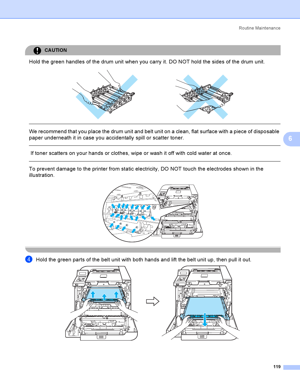Caution, Routine maintenance 119 | Brother HL-4040CDN User Manual | Page 128 / 211