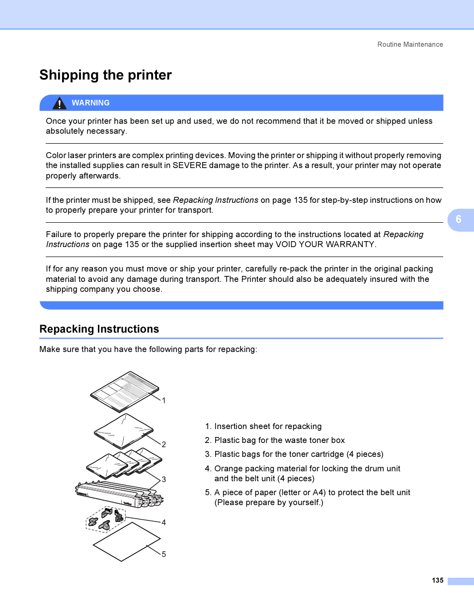 Shipping the printer, Repacking instructions, Warning | Brother HL-4040CDN User Manual | Page 144 / 211