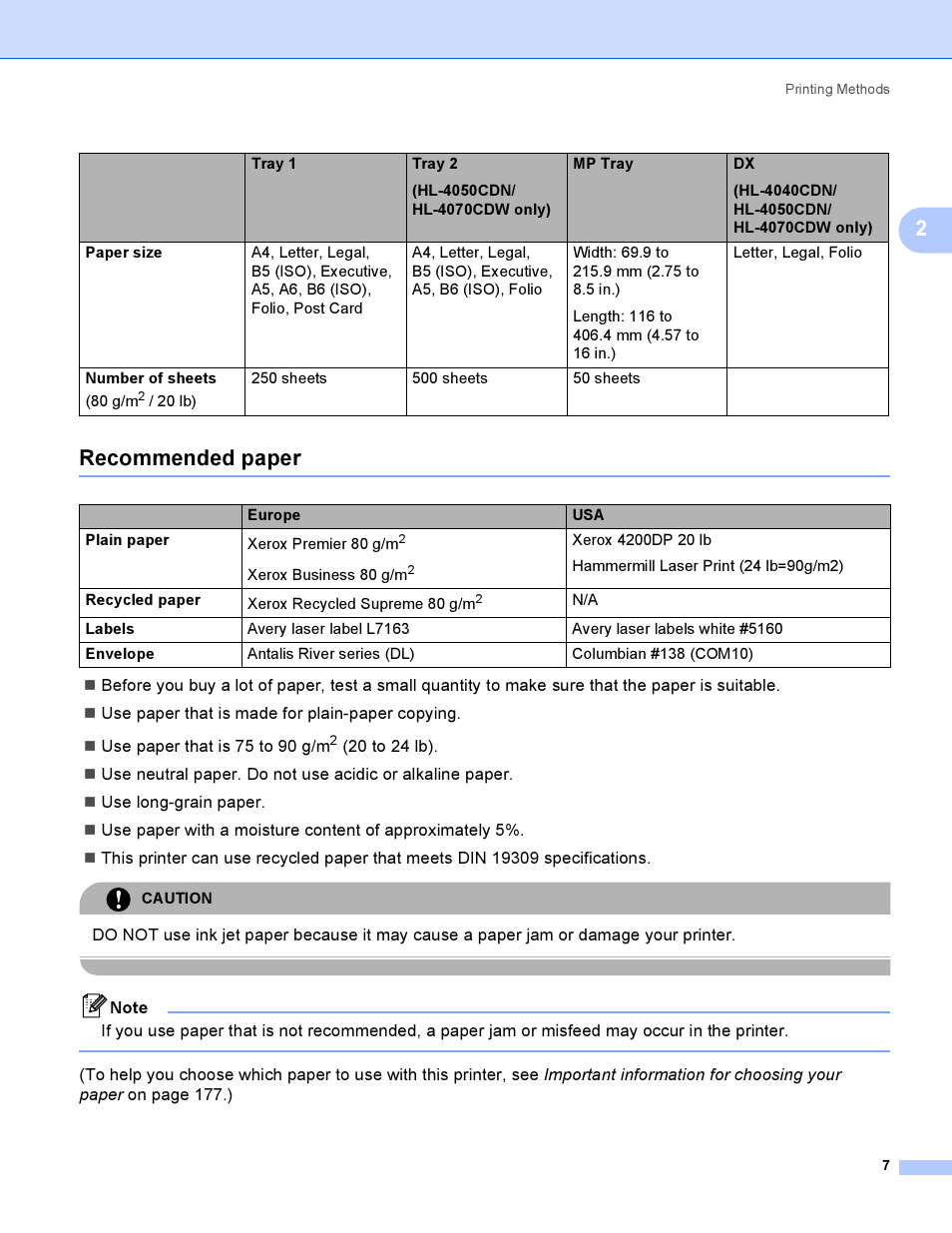 Recommended paper, 2recommended paper | Brother HL-4040CDN User Manual | Page 16 / 211