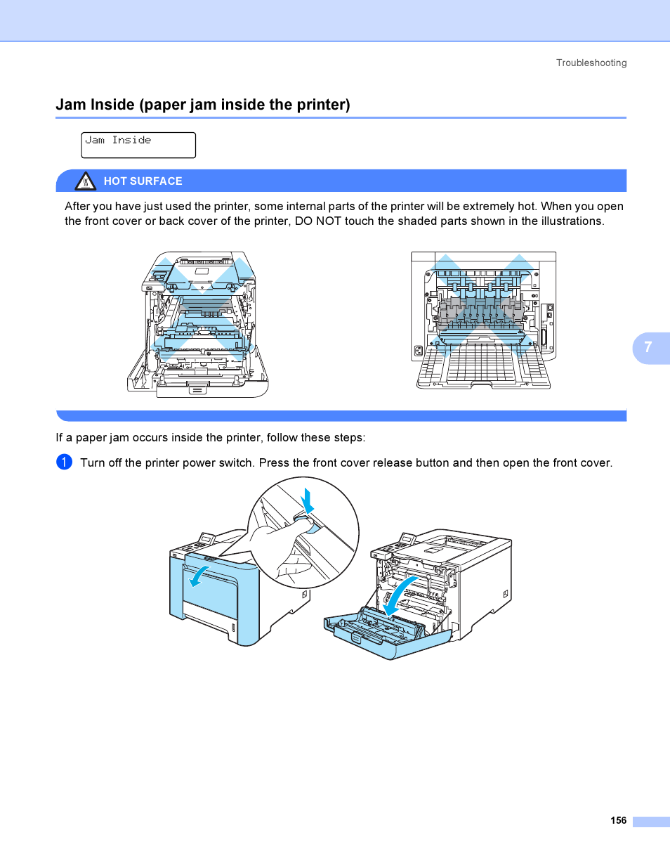 Jam inside (paper jam inside the printer), 7jam inside (paper jam inside the printer), Jam inside | Hot surface | Brother HL-4040CDN User Manual | Page 165 / 211