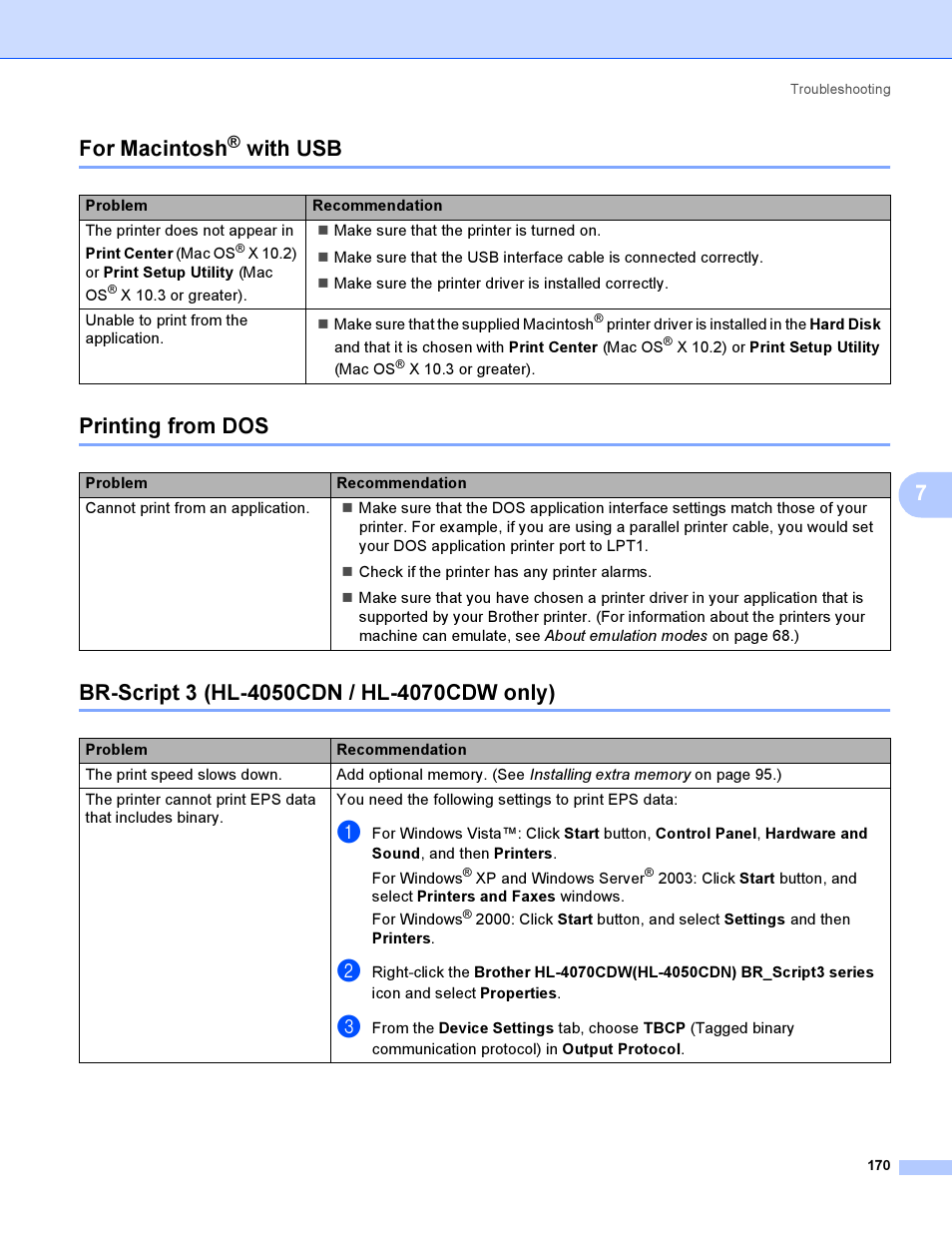 For macintosh® with usb, Printing from dos, Br-script 3 (hl-4050cdn / hl-4070cdw only) | For macintosh, 7for macintosh, With usb | Brother HL-4040CDN User Manual | Page 179 / 211