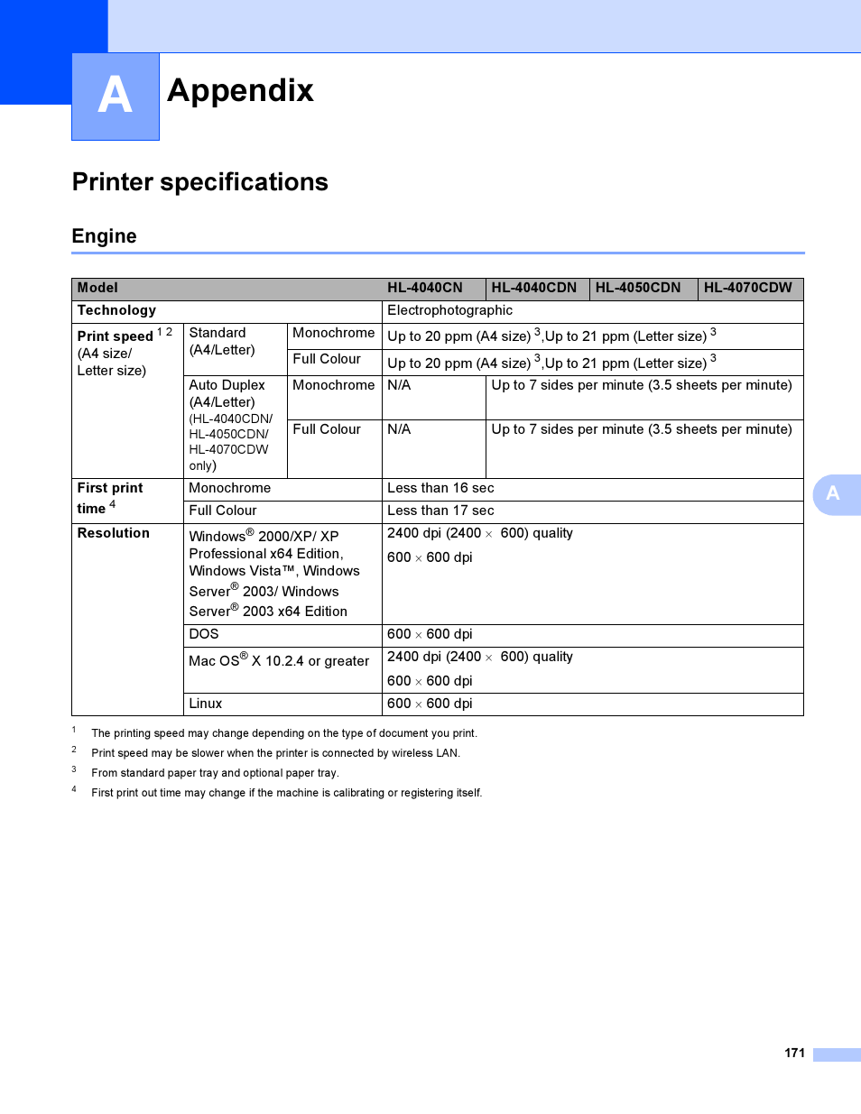 Appendix a, Printer specifications, Engine | Appendix | Brother HL-4040CDN User Manual | Page 180 / 211