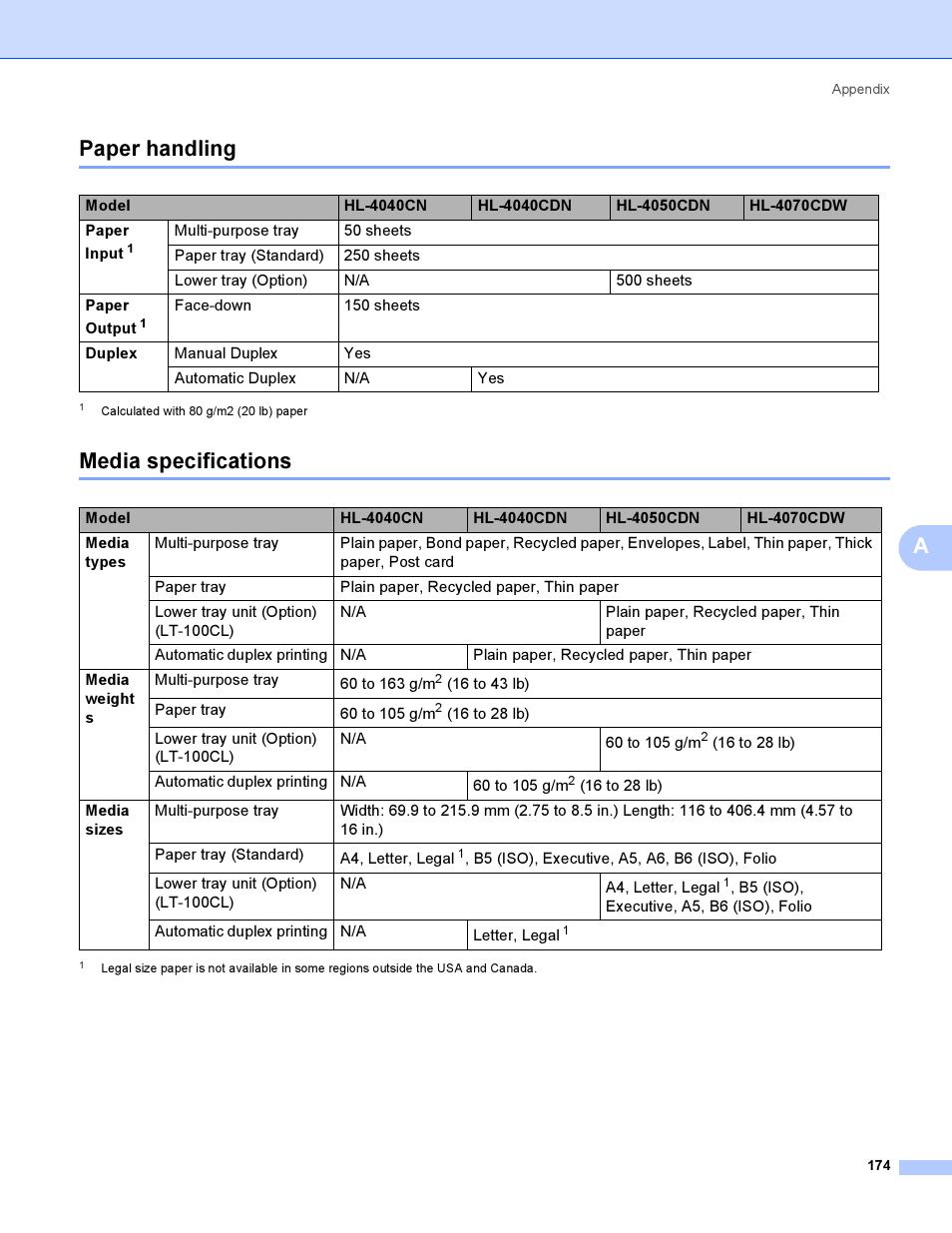 Paper handling, Media specifications, Paper handling media specifications | Apaper handling | Brother HL-4040CDN User Manual | Page 183 / 211