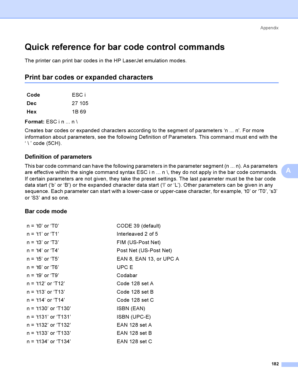 Quick reference for bar code control commands, Print bar codes or expanded characters, Definition of parameters | Bar code mode | Brother HL-4040CDN User Manual | Page 191 / 211